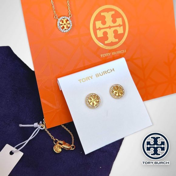 NWT Tory Burch Miller Pavé Logo Set - 18k Gold Plated Necklace & Earrings $196 - Picture 11 of 12